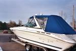 Blue Bimini Top with Two Piece Windshield & Side Windows with a Custom Aft Cover